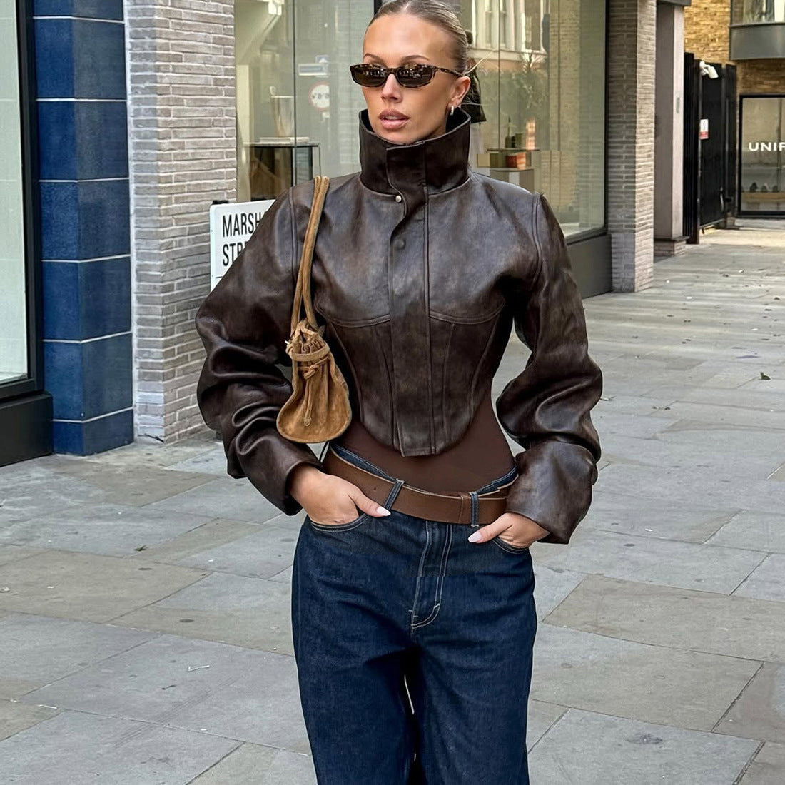 Women's Contoured Short Leather Jacket with High Stand Collar and Balloon Sleeves Mune Fashion