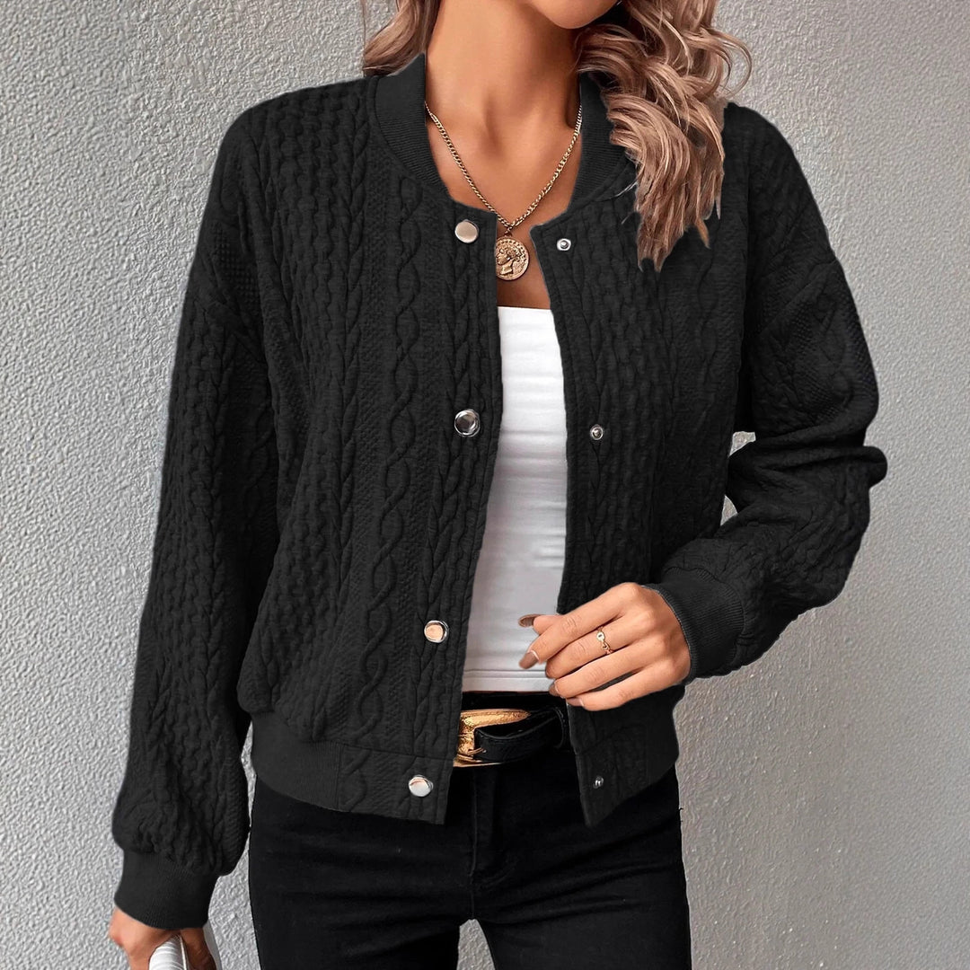 Women's Structured Knit Bomber Jacket with Cable Pattern and Snap Buttons Drune
