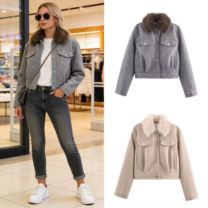 Ladies short wool jacket with voluminous fur collar, snap-button front and patch chest pockets Mune Fashion