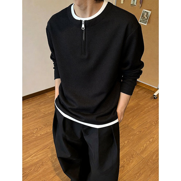 Men's Structured Long Sleeve Pullover with Half Zipper and Contrast Trim Mune Fashion