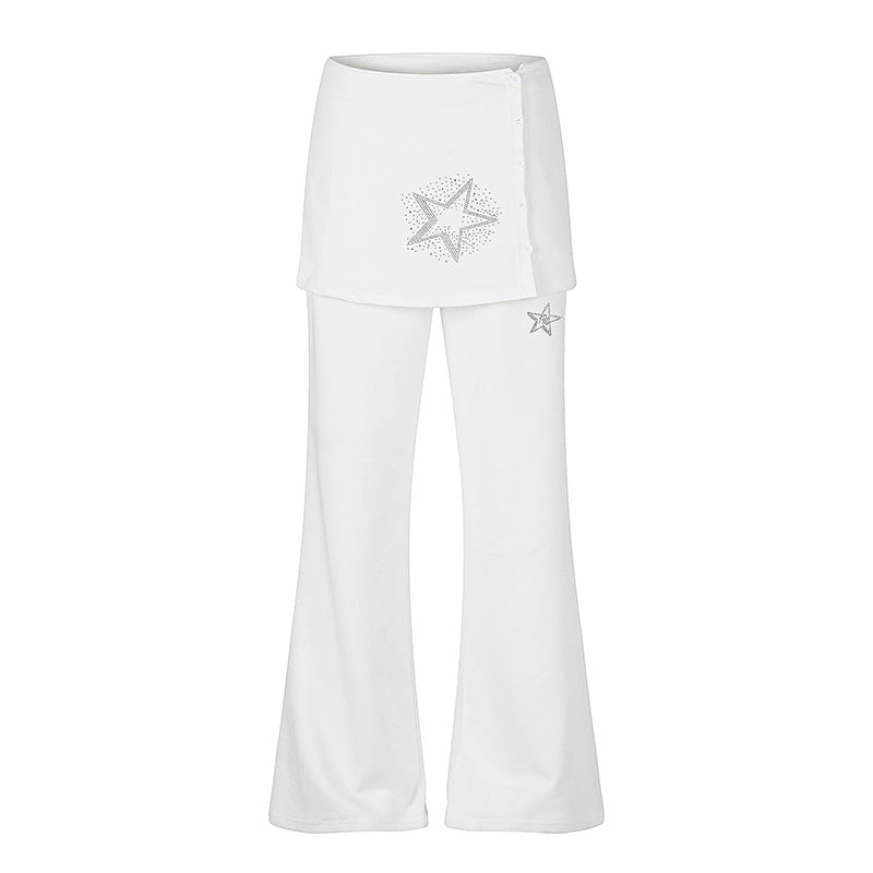 Women's loungewear pants with integrated mini skirt, wide leg, and star rhinestone application Mune Fashion