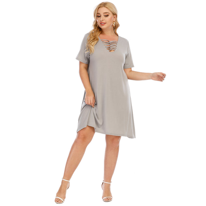 Women's casual loose-fit dress with V-neck and modern lacing details Mune Fashion