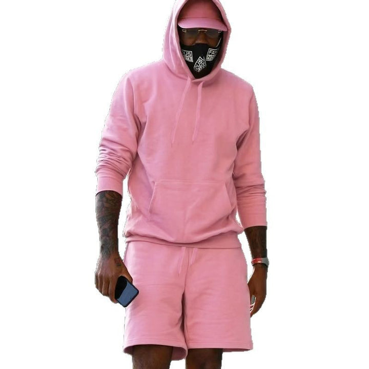 Men's two-piece leisure set hoodie and sweat shorts made of French Terry with kangaroo pocket and drawstring Mune Fashion