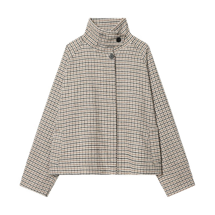 Women's short jacket in houndstooth pattern with high stand-up collar and oversized raglan sleeves Mune Fashion