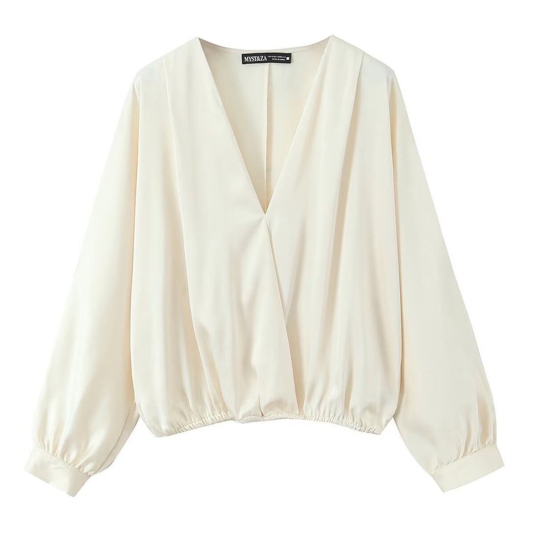 Women's satin blouse with deep wrap V-neck, elastic hem, and balloon sleeves Mune Fashion