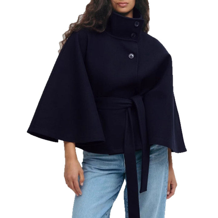 Women's stylish short cape coat with stand-up collar and tie belt Mune Fashion