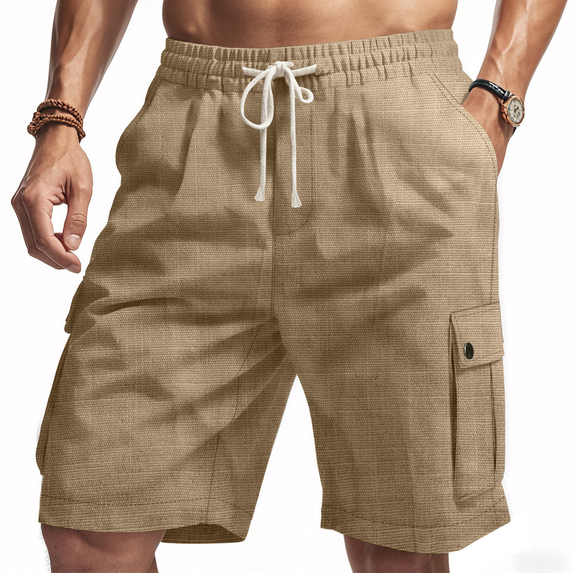 Men's non-utilitarian cargo shorts with elastic waistband, drawstring and patched flap pockets Mune Fashion