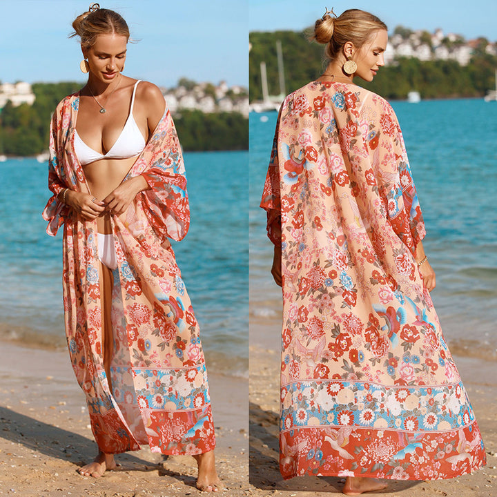 Women's floral beach kimono with wide-cut sleeves