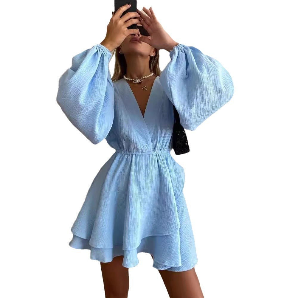 Women's Airy Wrap Dress with Ruffle Layers and Balloon Sleeves Mune Fashion