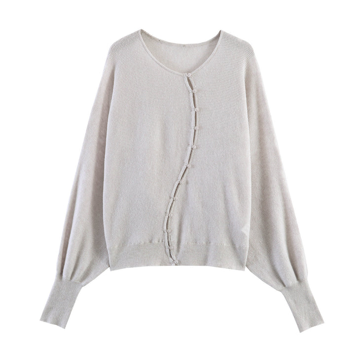 Women's Oversized Fine Knit Cardigan with Asymmetrical Button Placket and Batwing Sleeves Mune Fashion