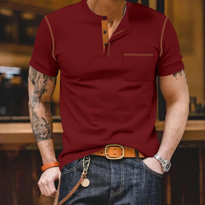 Men's short-sleeve shirt with stand-up collar, half-button placket, and chest pocket Mune Fashion