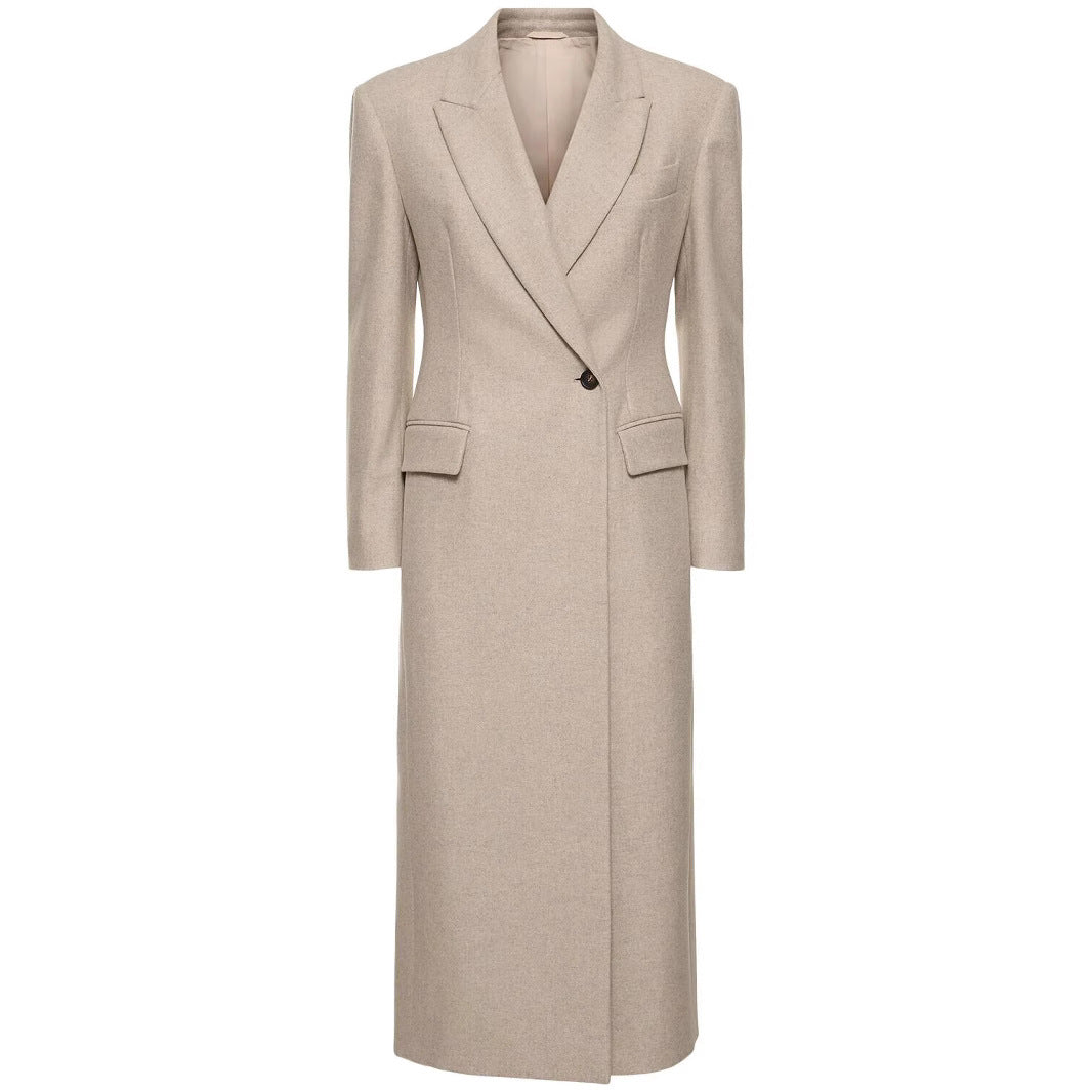 Women Tailored Longline Wool Blend Coat with Slim Silhouette and Single-Breasted Button Placket Mune Fashion