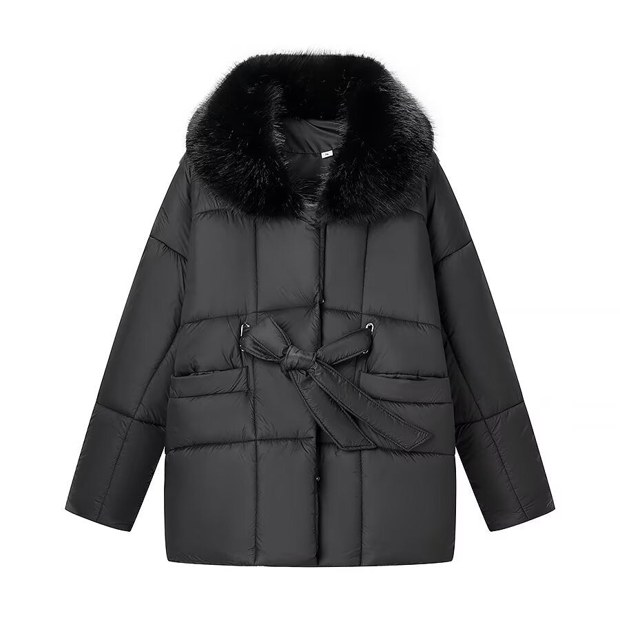 Women's Oversized Puffer Jacket with Waist Belt and Faux Fur Collar Mune Fashion