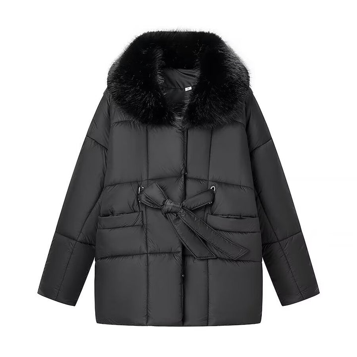 Women's Oversized Puffer Jacket with Waist Belt and Faux Fur Collar Mune Fashion