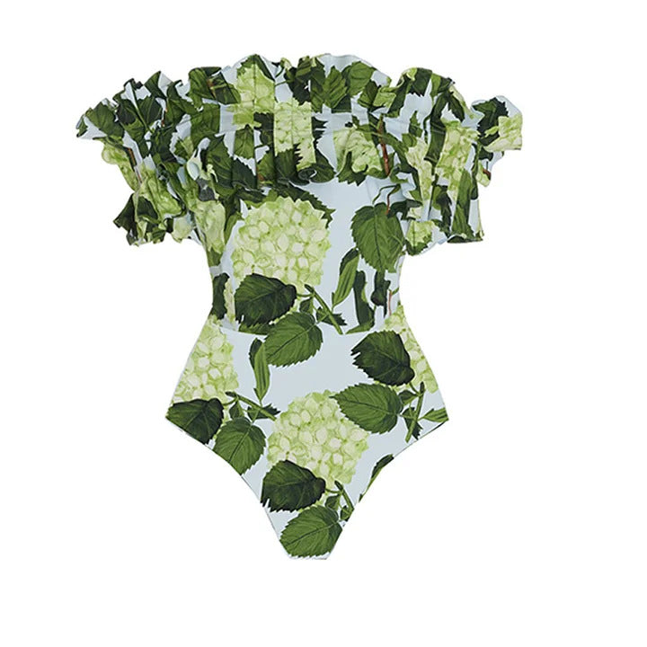 Ladies' one-piece swimsuit with voluminous ruffle details and floral design Mune Fashion