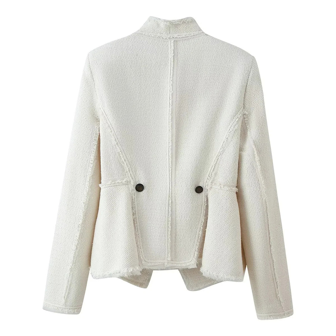 Ladies tailored bouclé jacket with stand-up collar, decorative strap, and subtle fringes Mune Fashion