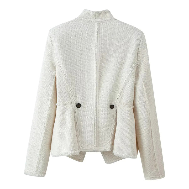 Ladies tailored bouclé jacket with stand-up collar, decorative strap, and subtle fringes Mune Fashion