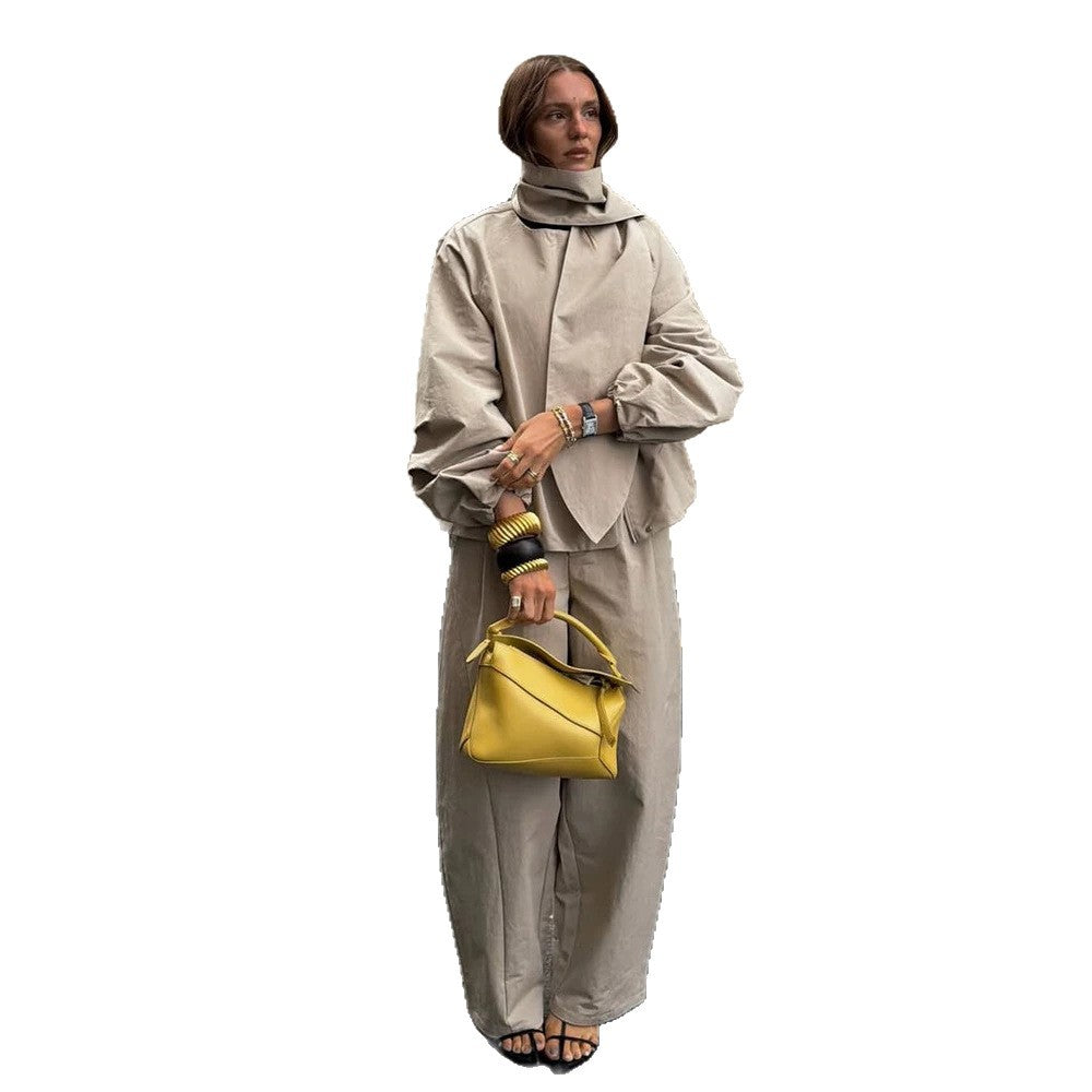 Women's Two-Piece Oversized Pant Suit Set with Asymmetrical Stand Collar Mune Fashion