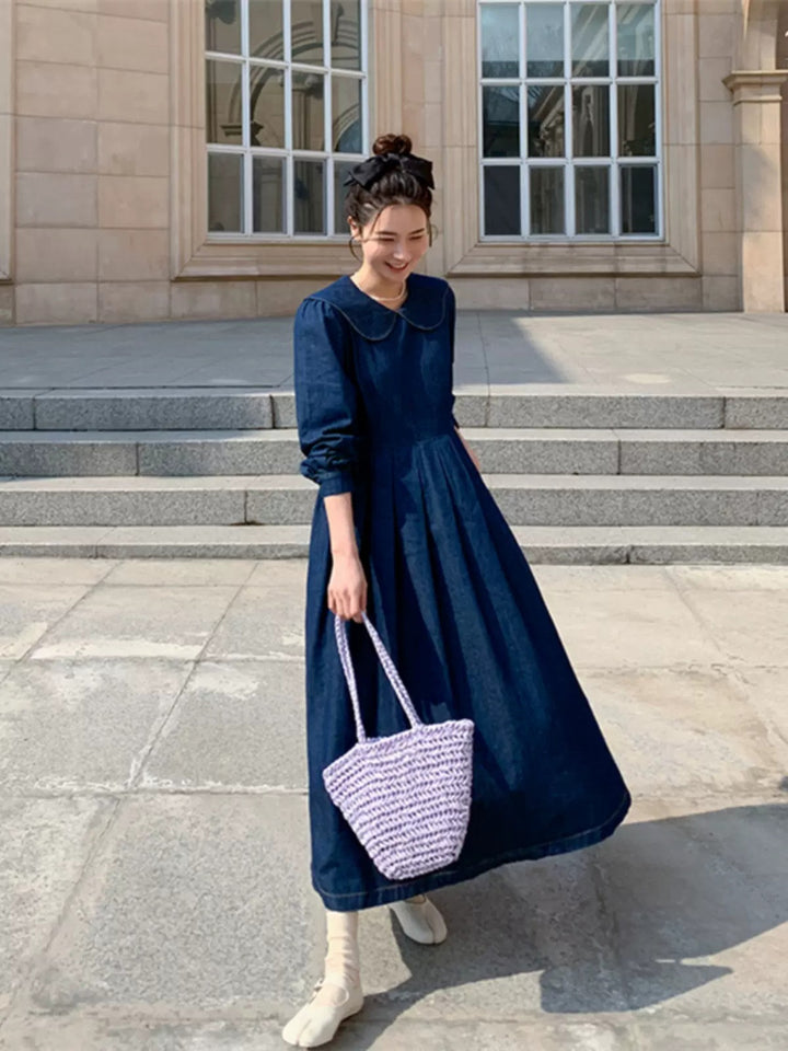 Women's Long Chambray Midaxi Shirt Dress with Ruffled Waist Yoke and Wide Skirt Pleats Mune Fashion