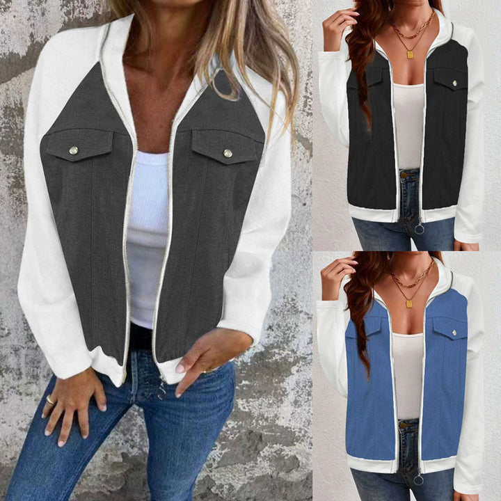 Women's denim mix blouson jacket with zipper and chest pockets Mune Fashion