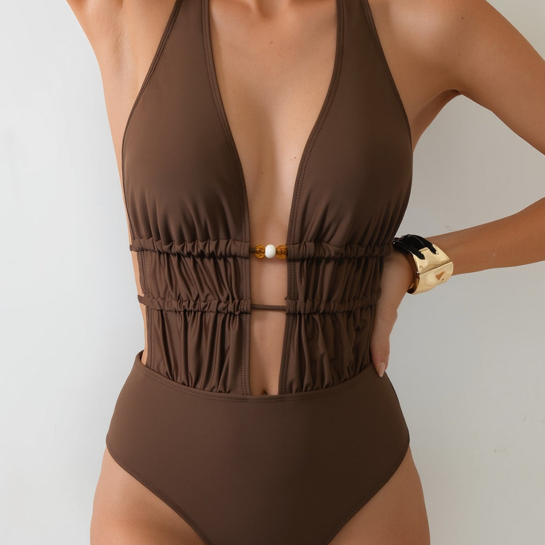 Ladies Elegant Monokini with Deep V-Neck and Refined Details Mune Fashion