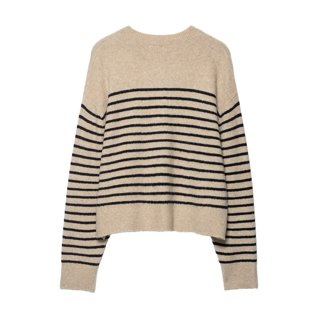 Women's Striped Fine Knit Henley Sweater with Dropped Shoulder and Ribbed Hem Mune Fashion