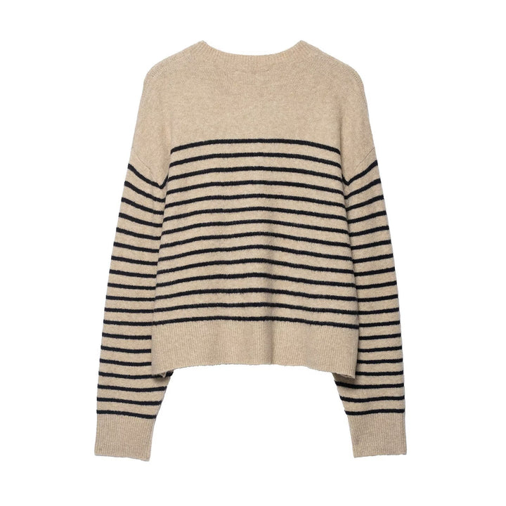 Women's Striped Fine Knit Henley Sweater with Dropped Shoulder and Ribbed Hem Mune Fashion