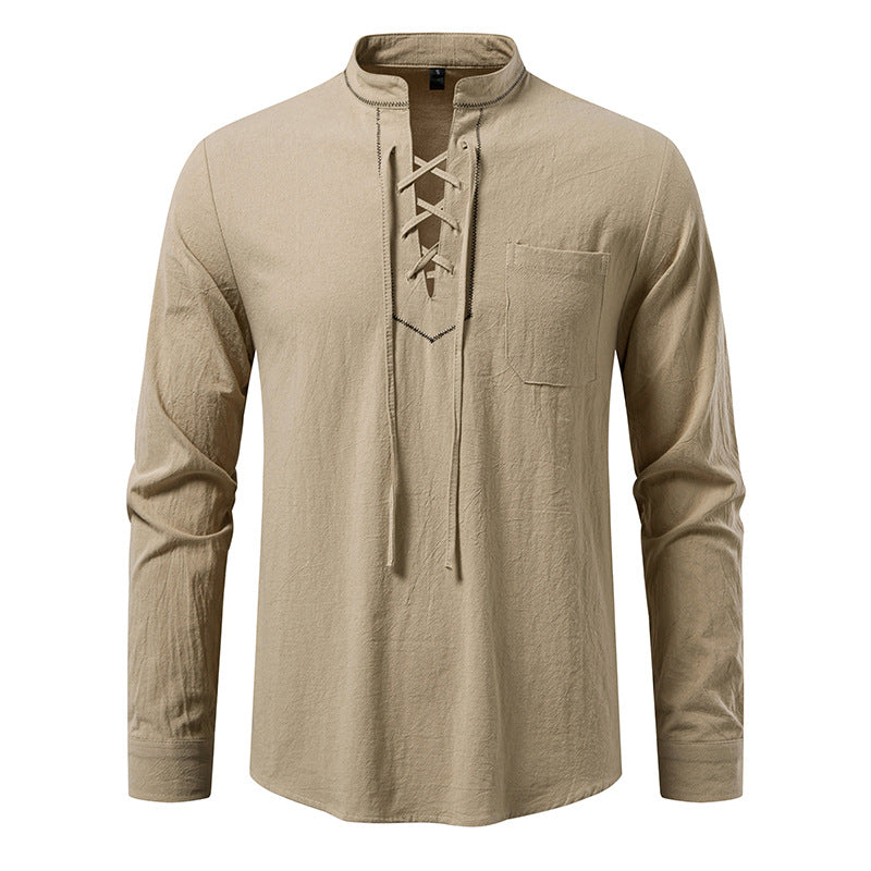 Men's Lightweight Cotton Blend Henley Shirt with Lace Placket and Stand Collar Mune Fashion
