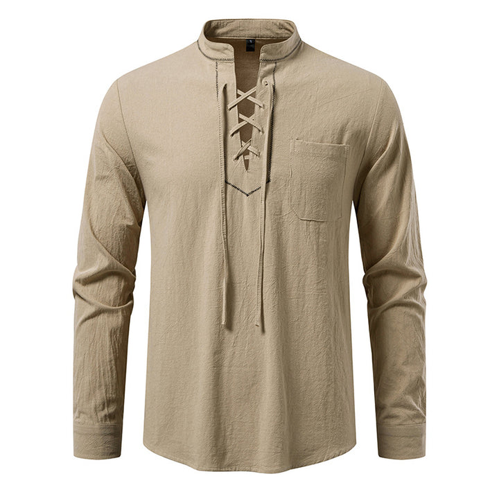 Men's Lightweight Cotton Blend Henley Shirt with Lace Placket and Stand Collar Mune Fashion