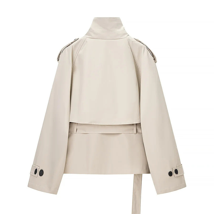 Ladies nan short trench coat with stand-up collar, shoulder flaps and waist belt Mune Fashion