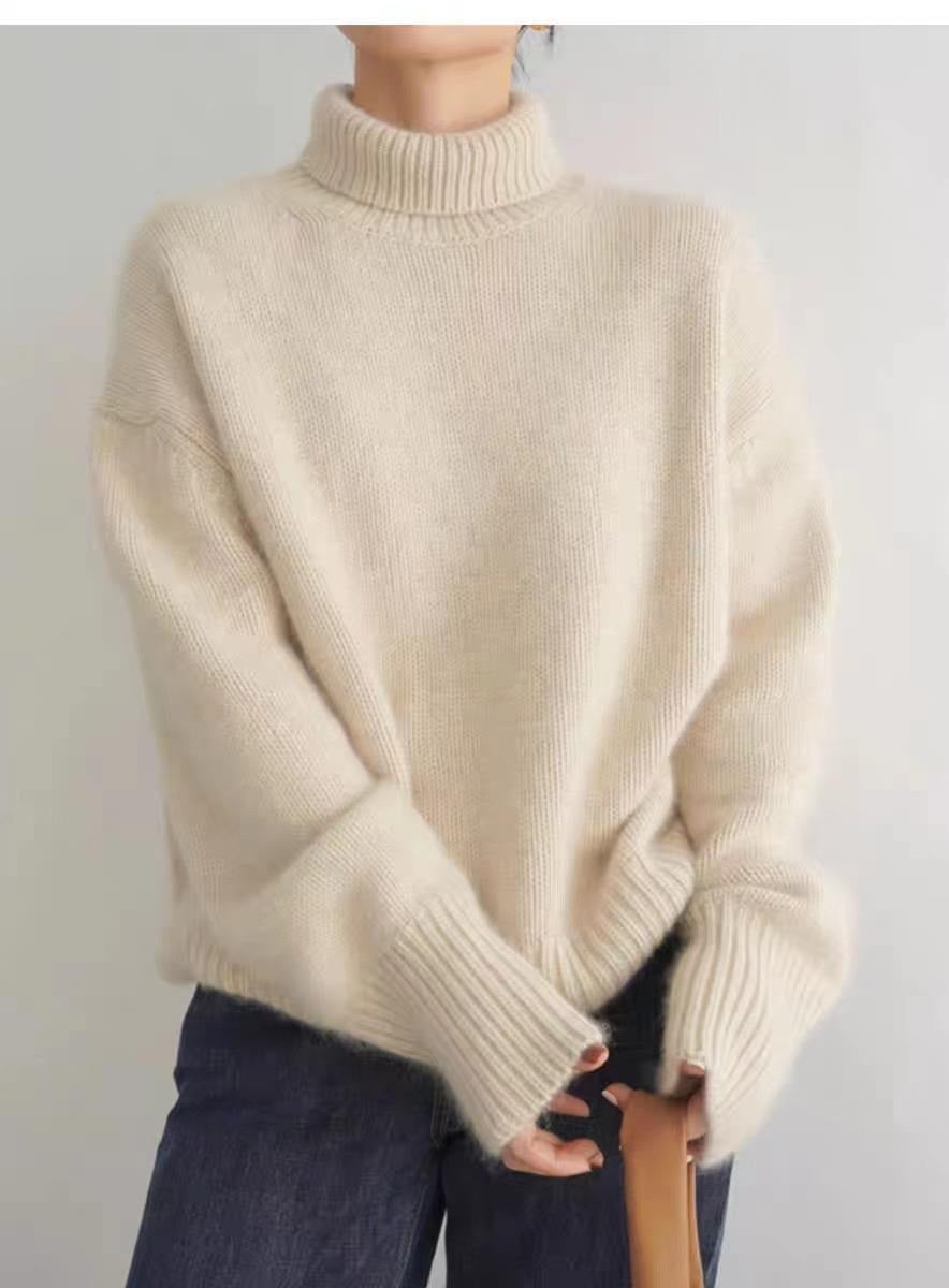 Women's Oversized Fine Knit Sweater with High Roll Neck and Side Slits Mune Fashion