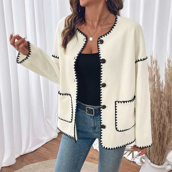 Women's Loose Crew Neck Cardigan with Contrasting Decorative Stitching, Button Placket & Patch Pockets