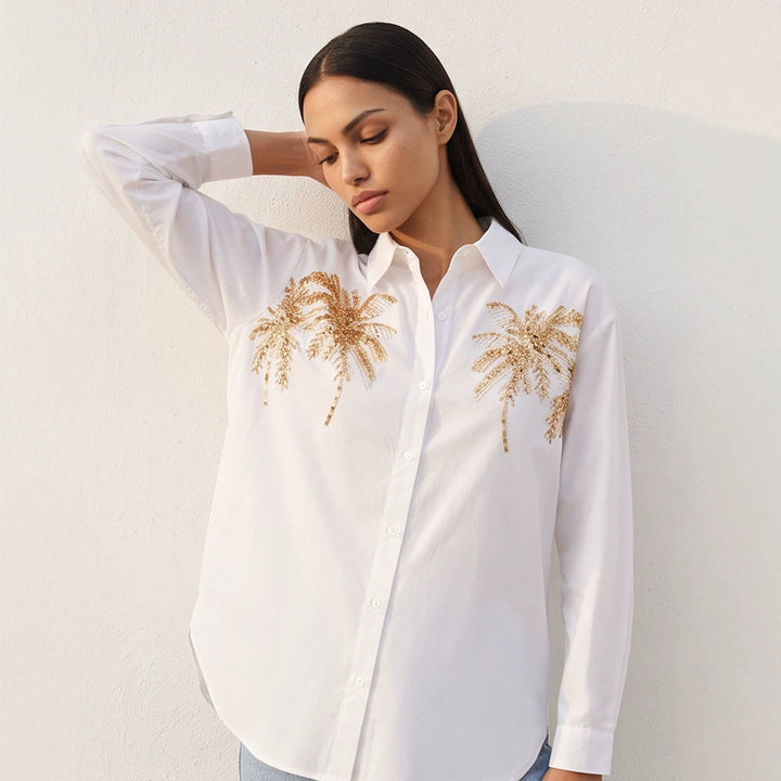 Women's shirt blouse with sequin palm appliqué, oversized cut & classic collar Mune Fashion