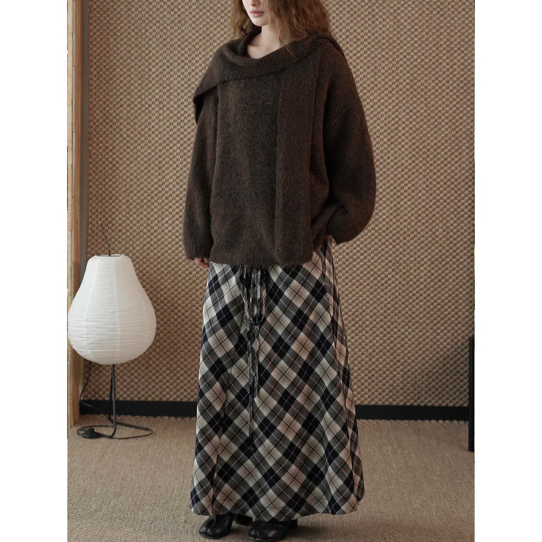 Women's Fluffy Mohair Mix Round Neck Sweater with Casual Long Vest Mune Fashion