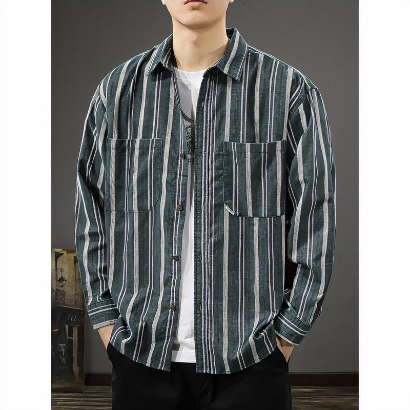 Men's Oversized Wide Corduroy Shirt Jacket with Vertical Stripe Texture and Patch Chest Pockets Mune Fashion