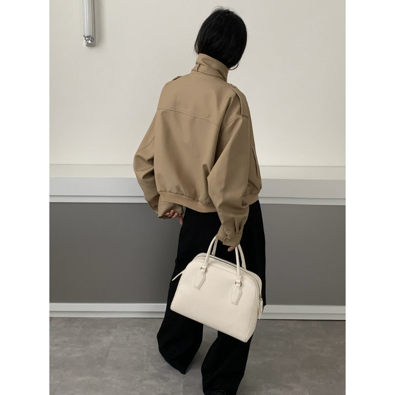 Women's Short Bomber Jacket in Trench Style with High Stand Collar and Shoulder Patches Mune Fashion
