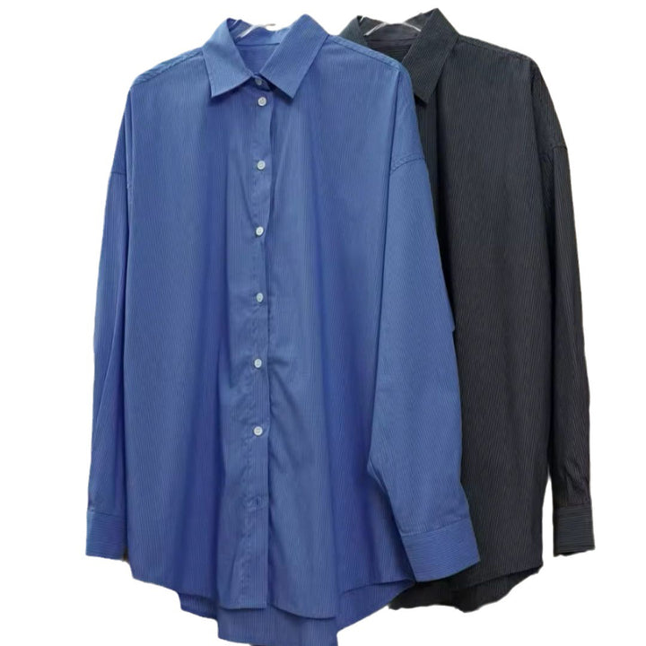 Women's Oversized Shirt made of Cotton Poplin with fine Pinstripes and Extended Hem Mune Fashion