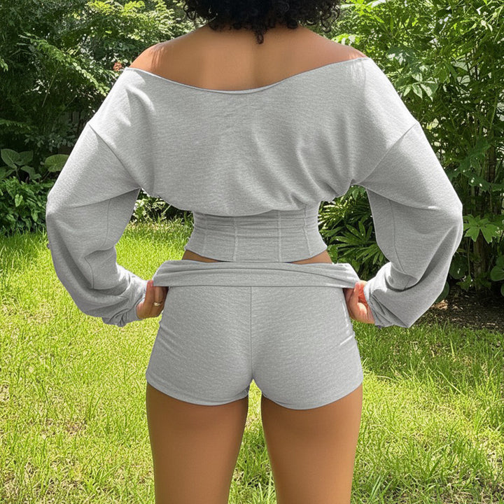 Women’s asymmetrical one-shoulder lounge set with fitted gathered crop top and high-waisted flap shorts Mune Fashion