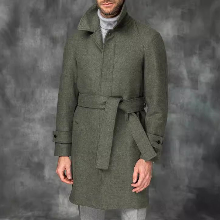 Men's coat mid-length made of wool blend with tie belt and concealed button placket Mune Fashion