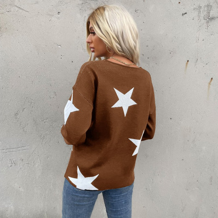 Ladies star fine knit pullover with V-neck and casual oversized fit Mune Fashion
