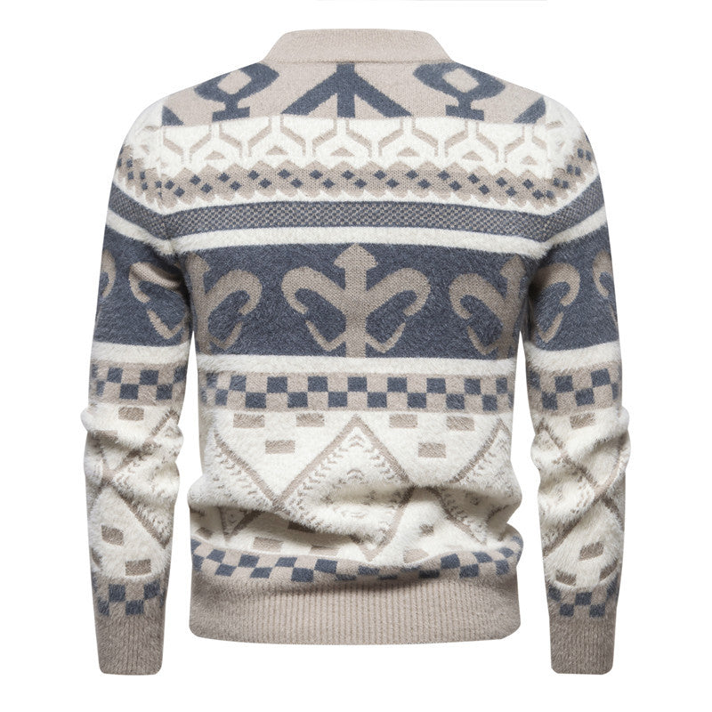 Men's fine-knit mock neck sweater with jacquard pattern and ribbed cuffs Mune Fashion