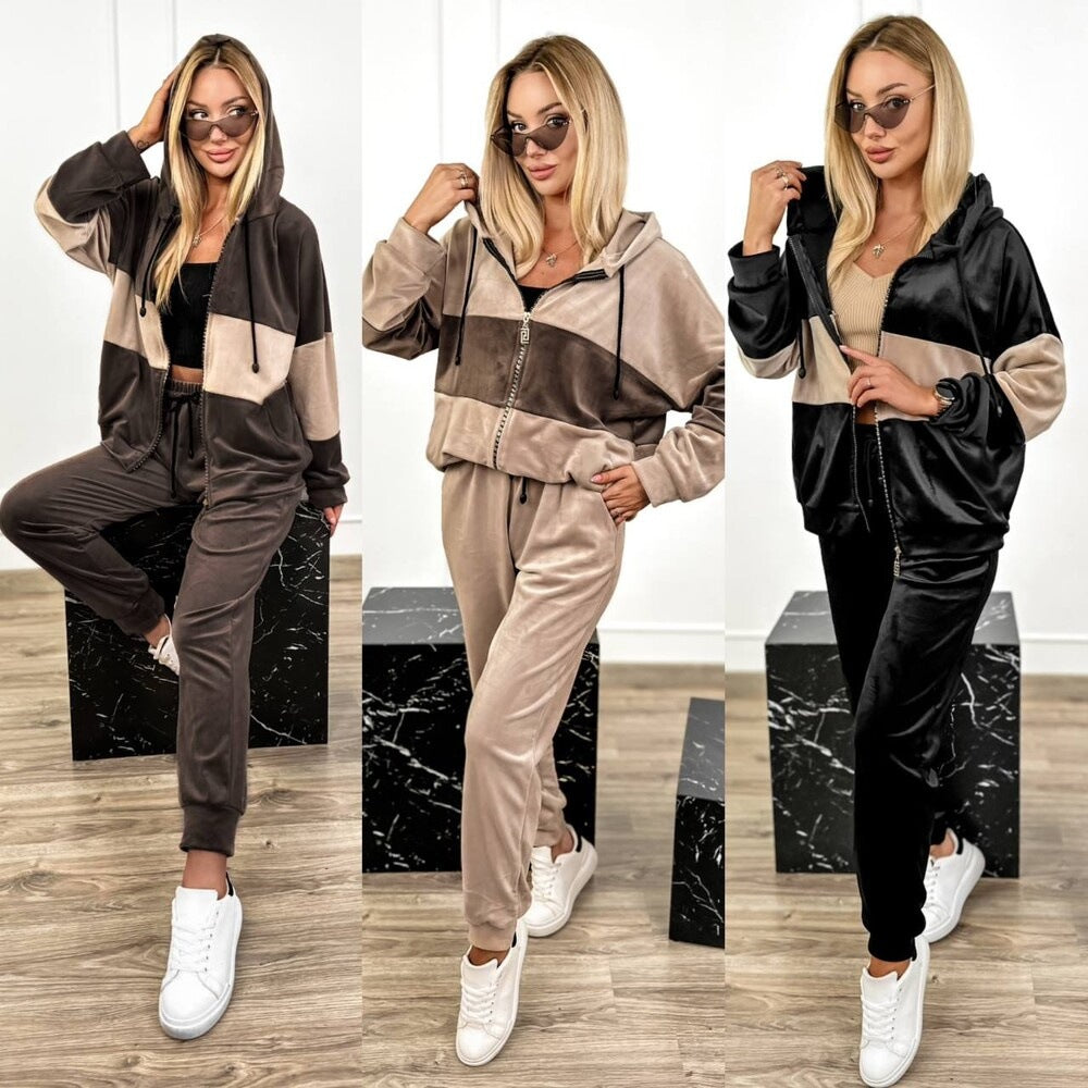 Women's cozy velour two-piece tracksuit with zip hood and high-cut jogger Mune Fashion