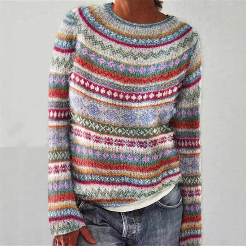 Women's Norwegian sweater made of wool blend with round neck and traditional Fair Isle yoke Mune Fashion
