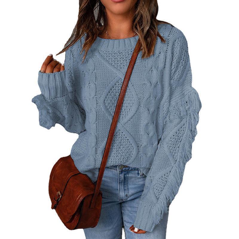 Women chunky knit sweater with cable knit structure, fringed sleeves and casual oversized fit Mune Fashion