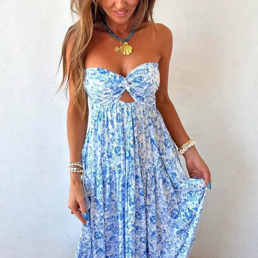 Ladies' strapless twisted bustier maxi dress with cut-out and multi-layered tiered skirt in lightweight crinkle quality Mune Fashion