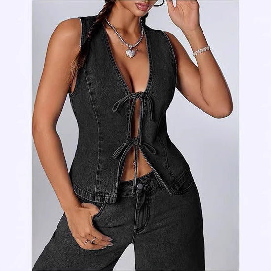 Women's Fitted Denim Vest with V-Neck and Tie Detail Mune Fashion