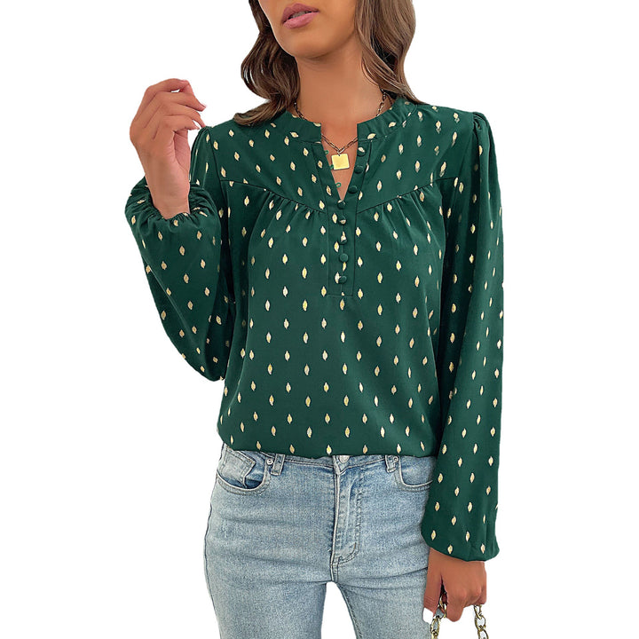 Women's Lightweight Viscose Blouse with Delicate Ikat Print, Stand Collar and Decorative Button Placket Mune Fashion