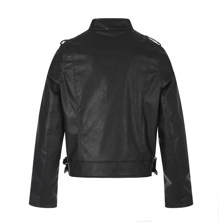 Unisex Short Cut Studded Leather Jacket in Biker Style with Stand-Up Collar, Zipper Sleeves and Waist Strap Mune Fashion