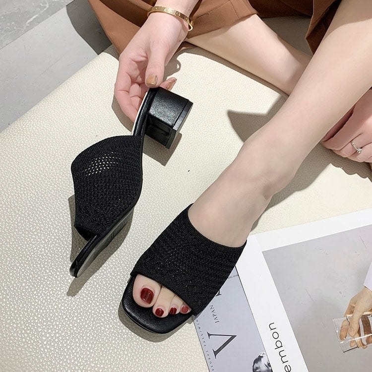 Women's airy knitted mules with square toe and wide block heel Mune Fashion