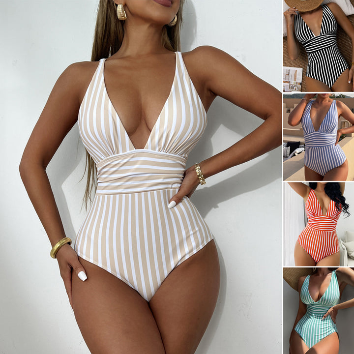 Women's One-Piece Swimsuit with Deep V-Neck and High-Cut Design Mune Fashion